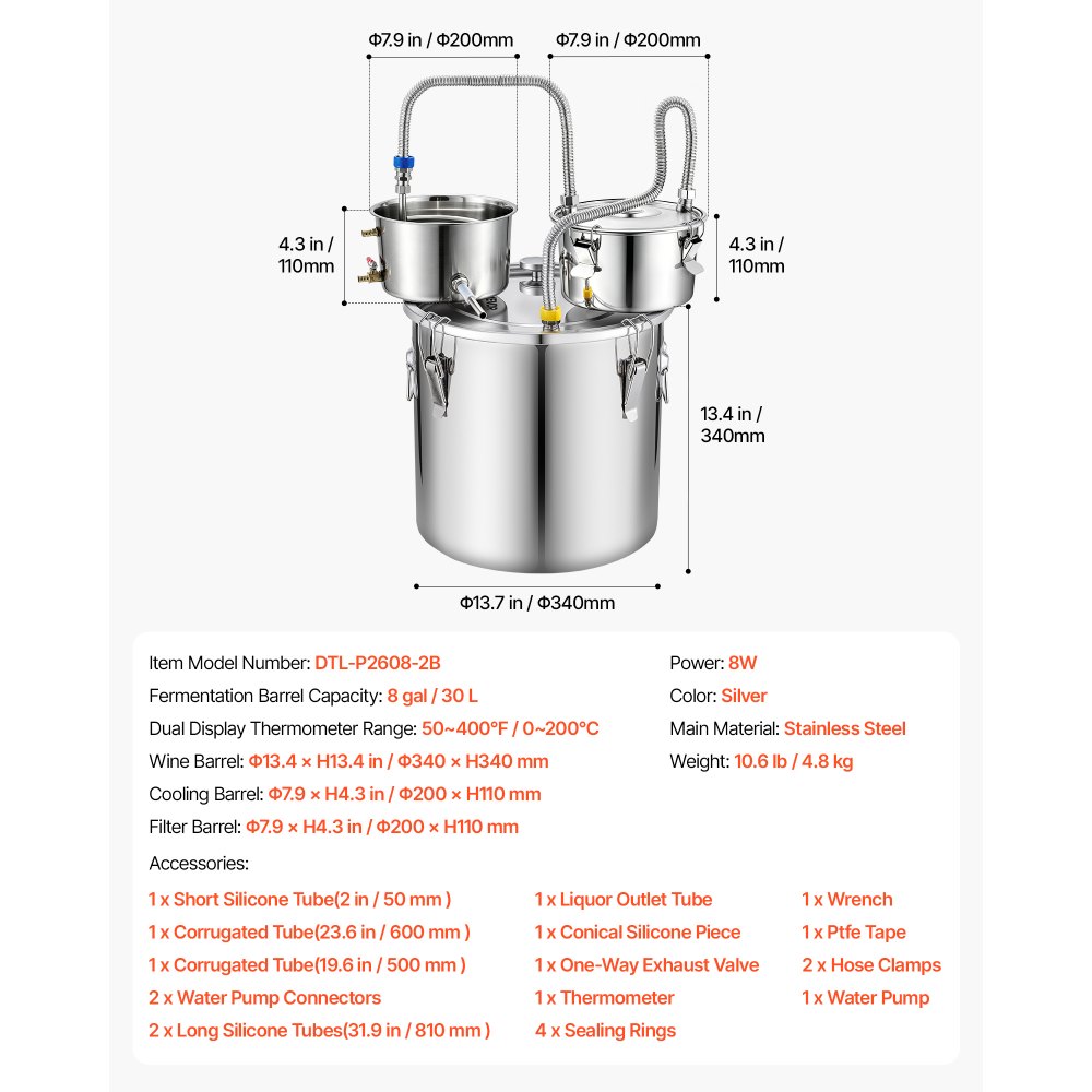 VEVOR Alcohol Still, 8 GAL/ 30L Alcohol Distiller with Thumper Keg, Dual-scale Thermometer, and Water Pump, Home Brewing Kit for DIY Whiskey Wine Brandy