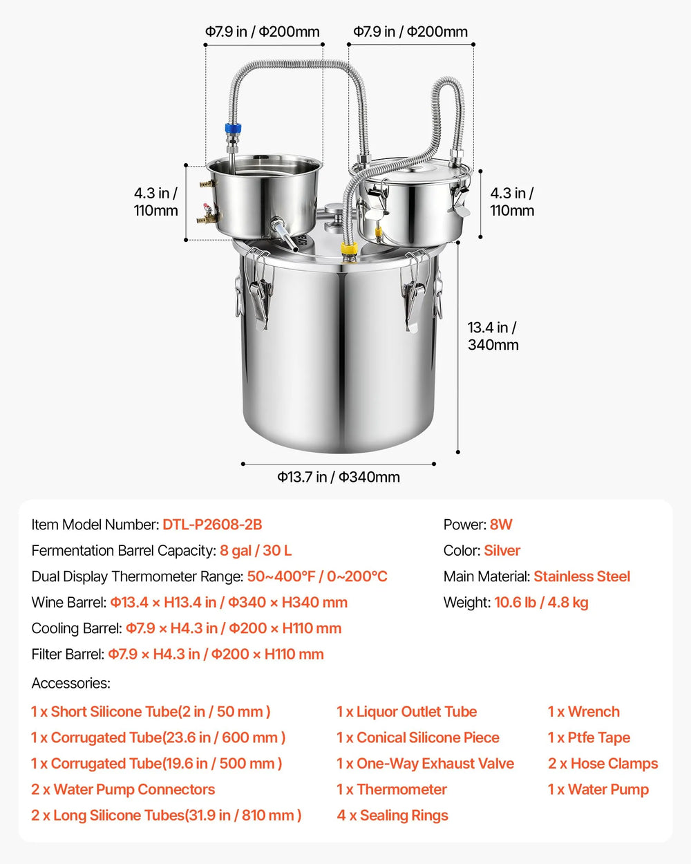 VEVOR Alcohol Still, 8 GAL/ 30L Alcohol Distiller with Thumper Keg, Dual-scale Thermometer, and Water Pump, Home Brewing Kit for DIY Whiskey Wine Brandy