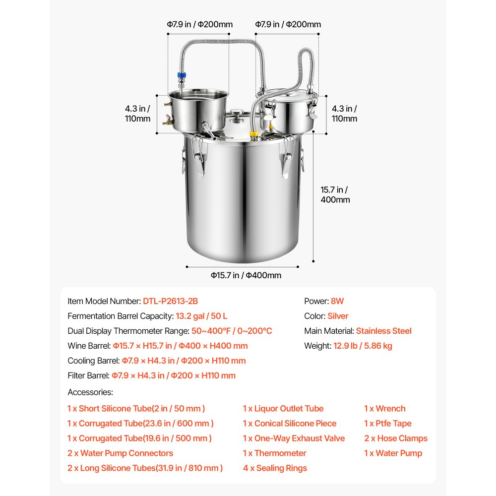 VEVOR Alcohol Still, 13.2 GAL/ 50L Alcohol Distiller with Thumper Keg, Dual-scale Thermometer, and Water Pump, Home Brewing Kit for DIY Whiskey Wine Brandy