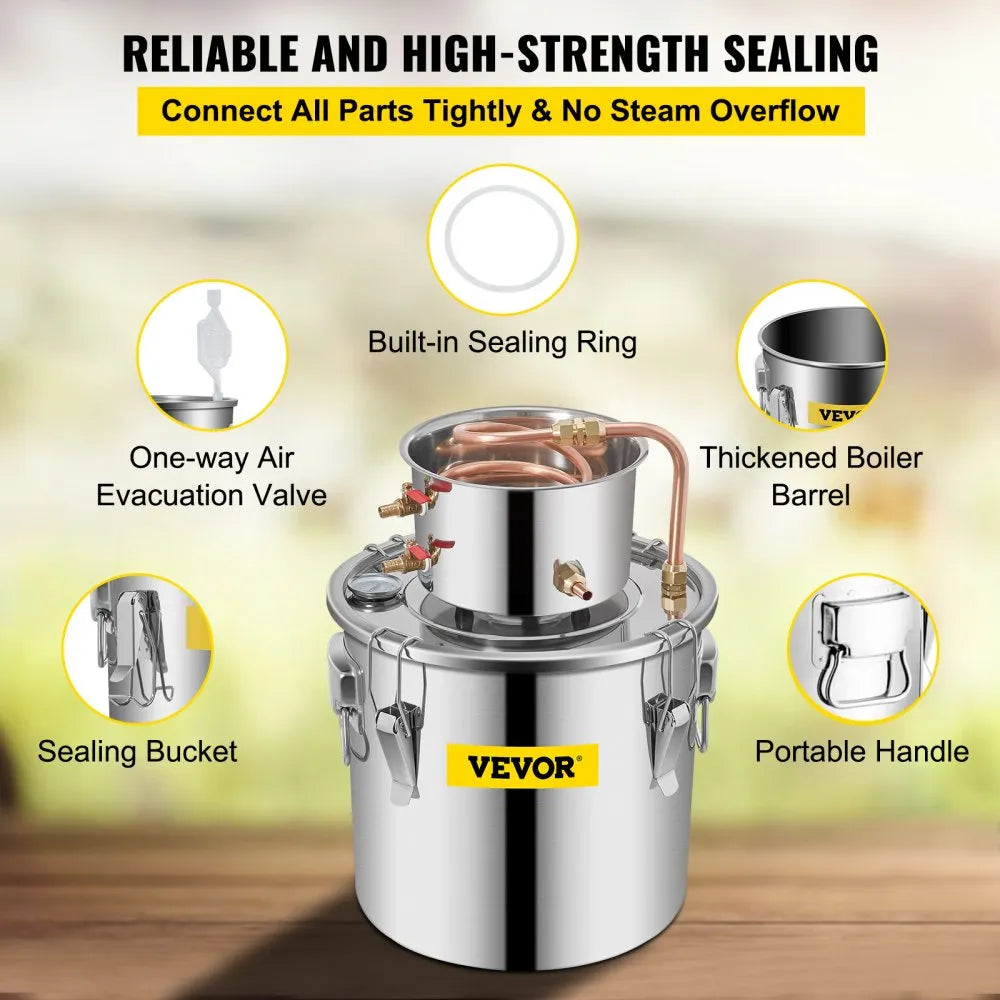 VEVOR Alcohol Still 3Gal/21L, Alcohol Distiller with Circulating Pump, Alcohol Still Copper Tube, Whiskey Distilling Kit with Build-In Thermometer, Whiskey Making Kit for DIY Alcohol, Stainless Steel
