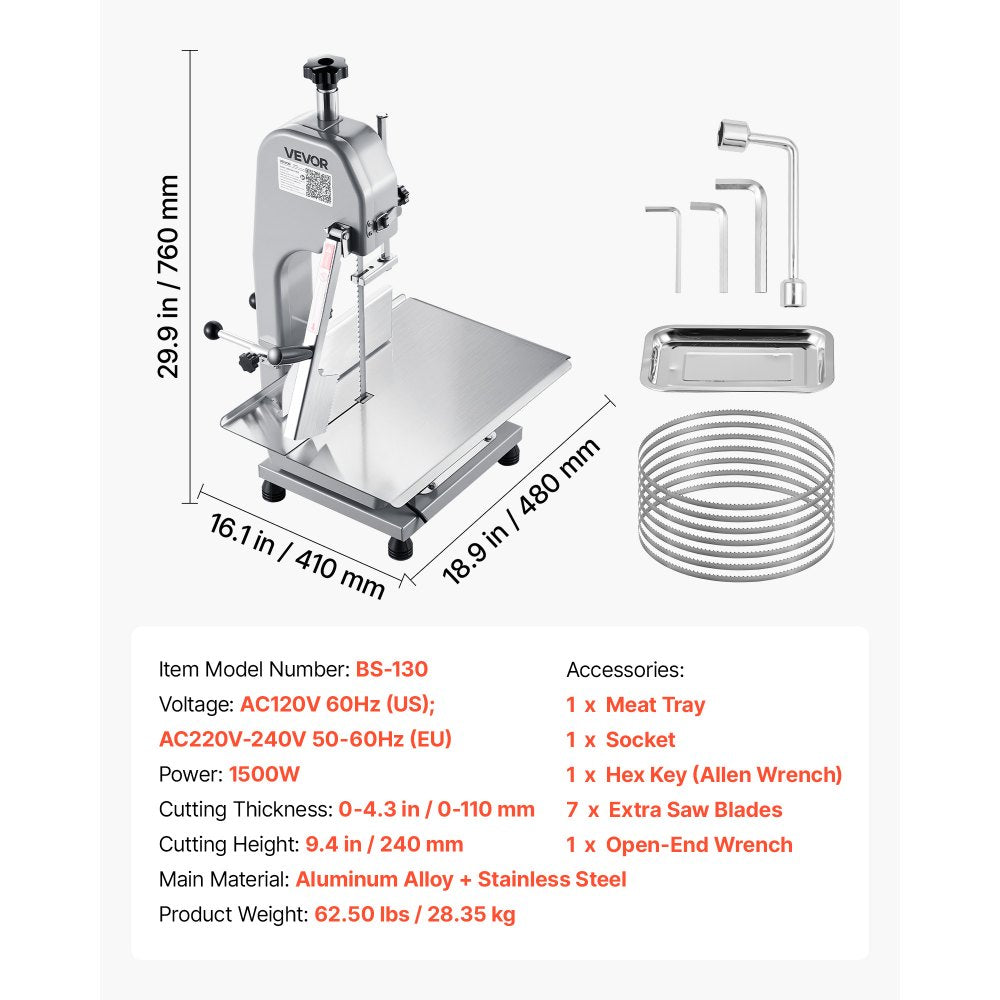 VEVOR Commercial Electric Meat Bandsaw, 1500W Bone Sawing Machine with 12.4" x 18.1" Workbench, 0-4.3" Cutting Thickness, 7 Extra Replacement Blades, for Cutting Bone, Frozen Meat, Pork, Beef & Ribs