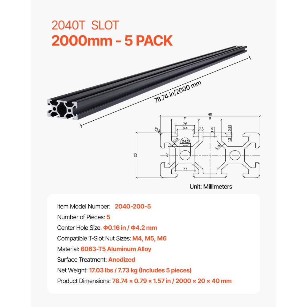 VEVOR 5PCS 78.7 in (2000mm) T Slot 2040 Aluminum Extrusion Profile, European Standard Anodized Linear Rail, High-Strength Extruded Aluminum Rail for 3D Printer, CNC Machine DIY, Laser Engraving, Black