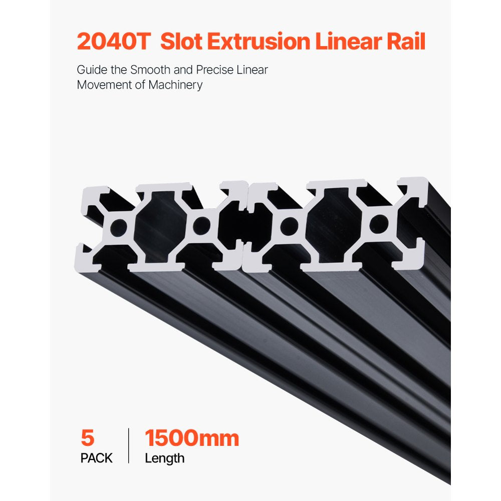 VEVOR 5PCS 59 in (1500 mm) T Slot 2040 Aluminum Extrusion Profile, European Standard Anodized Linear Rail, High-Strength Extruded Aluminum Rail for 3D Printer, CNC Machine DIY, Laser Engraving, Black
