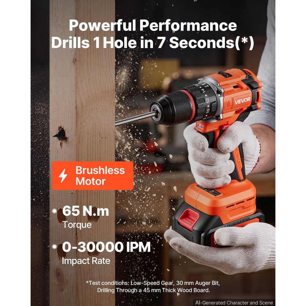 VEVOR Hammer Drill 20V 1/2 in 30000 IPM Brushless Cordless Impact Drill Kit, for Drilling Wood Metal Screw Driving, 4000 mAh Lithium-Ion Battery Pack and Charger, with All-Metal Chuck, Compact Design