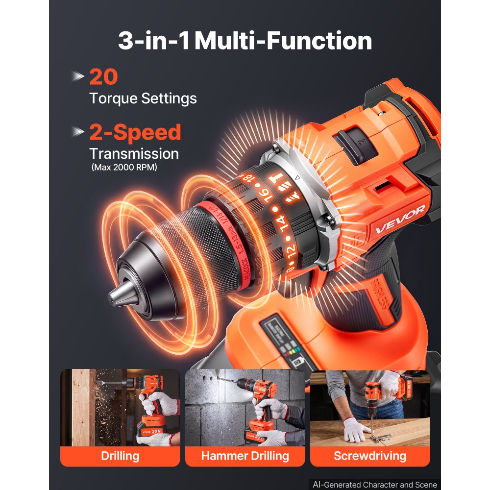 VEVOR Hammer Drill 20V 1/2 in 30000 IPM Brushless Cordless Impact Drill Kit, for Drilling Wood Metal Screw Driving, 4000 mAh Lithium-Ion Battery Pack and Charger, with All-Metal Chuck, Compact Design
