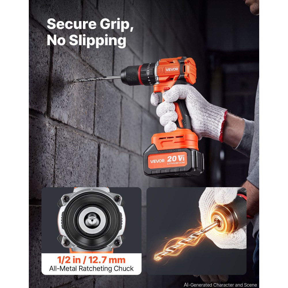 VEVOR Hammer Drill 20V 1/2 in 30000 IPM Brushless Cordless Impact Drill Kit, for Drilling Wood Metal Screw Driving, 4000 mAh Lithium-Ion Battery Pack and Charger, with All-Metal Chuck, Compact Design