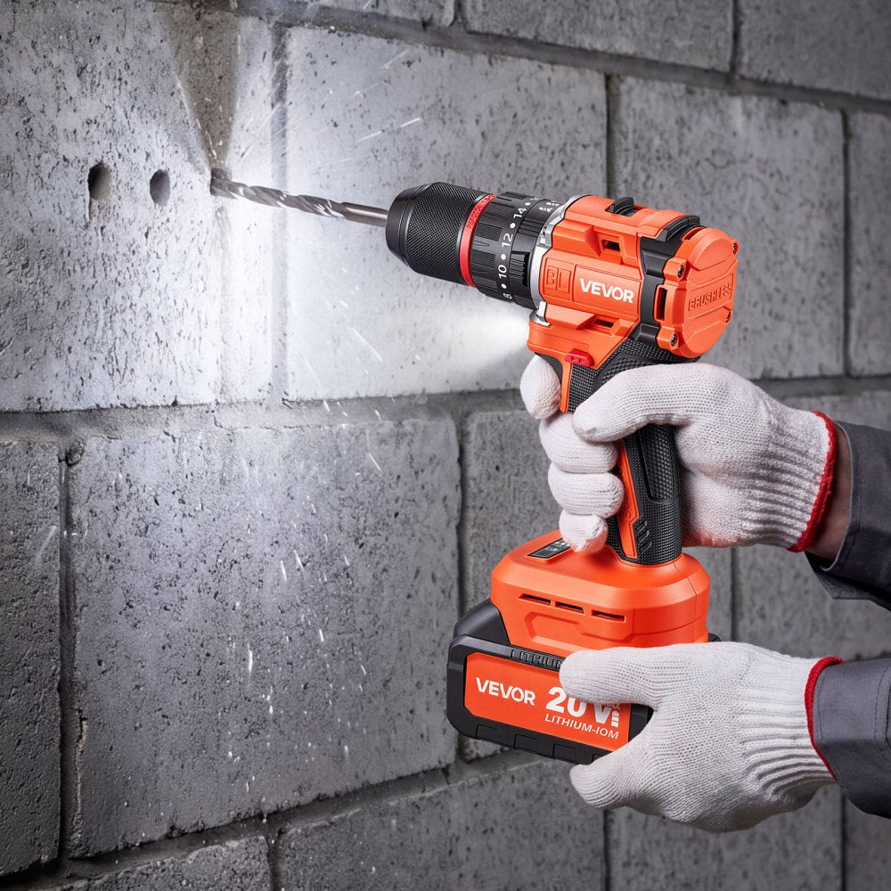 VEVOR Hammer Drill 20V 1/2 in 30000 IPM Brushless Cordless Impact Drill Kit, for Drilling Wood Metal Screw Driving, 4000 mAh Lithium-Ion Battery Pack and Charger, with All-Metal Chuck, Compact Design