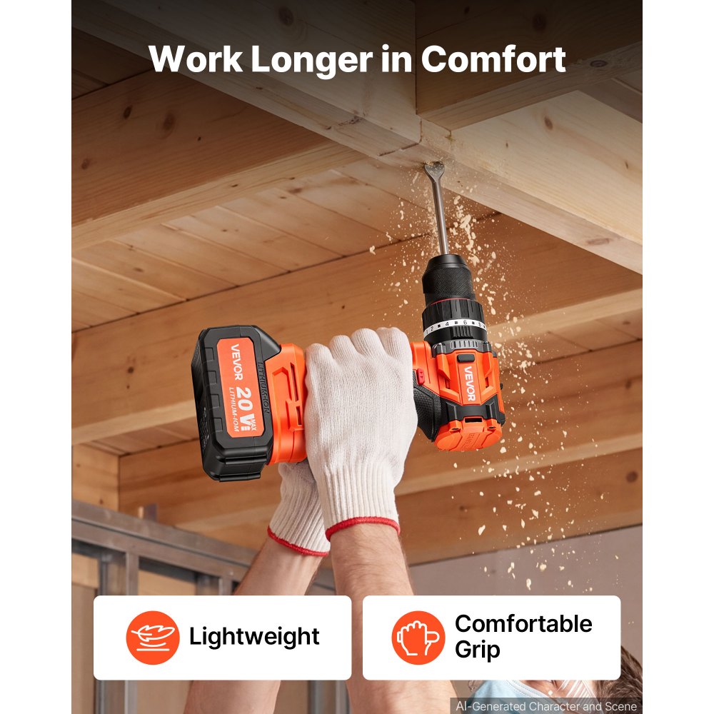 VEVOR Hammer Drill 20V 1/2 in 26000 IPM Brushless Cordless Impact Drill Kit, for Drilling Wood Metal Screw Driving, 4000 mAh Lithium-Ion Battery Pack and Charger, with All-Metal Chuck, Compact Design