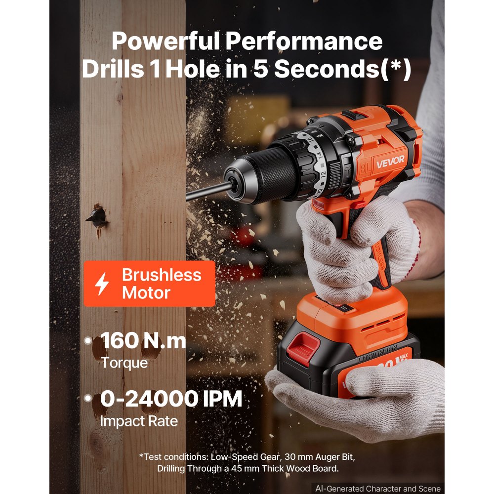 VEVOR Hammer Drill 20V 1/2 in 24000 IPM Brushless Cordless Impact Drill Kit, for Drilling Wood Metal Screw Driving, 4000 mAh Lithium-Ion Battery Pack and Charger, with All-Metal Chuck, Compact Design