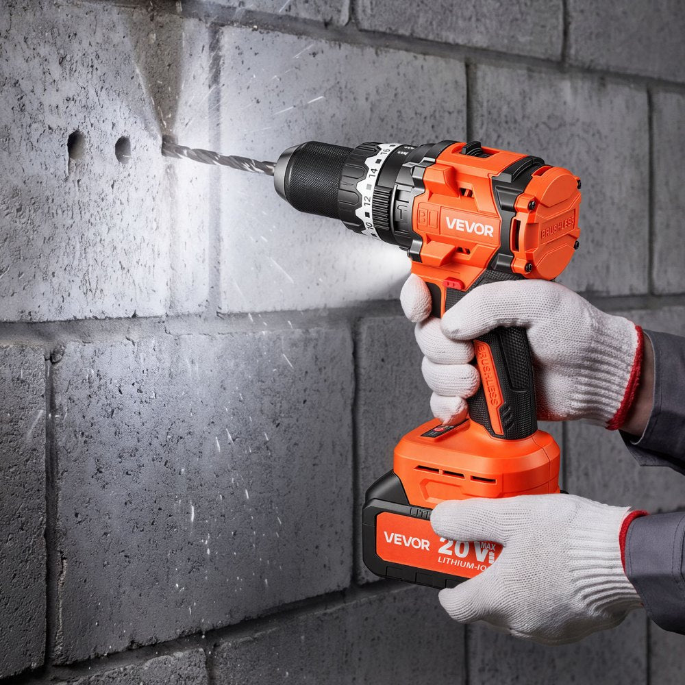 VEVOR Hammer Drill 20V 1/2 in 24000 IPM Brushless Cordless Impact Drill Kit, for Drilling Wood Metal Screw Driving, 4000 mAh Lithium-Ion Battery Pack and Charger, with All-Metal Chuck, Compact Design