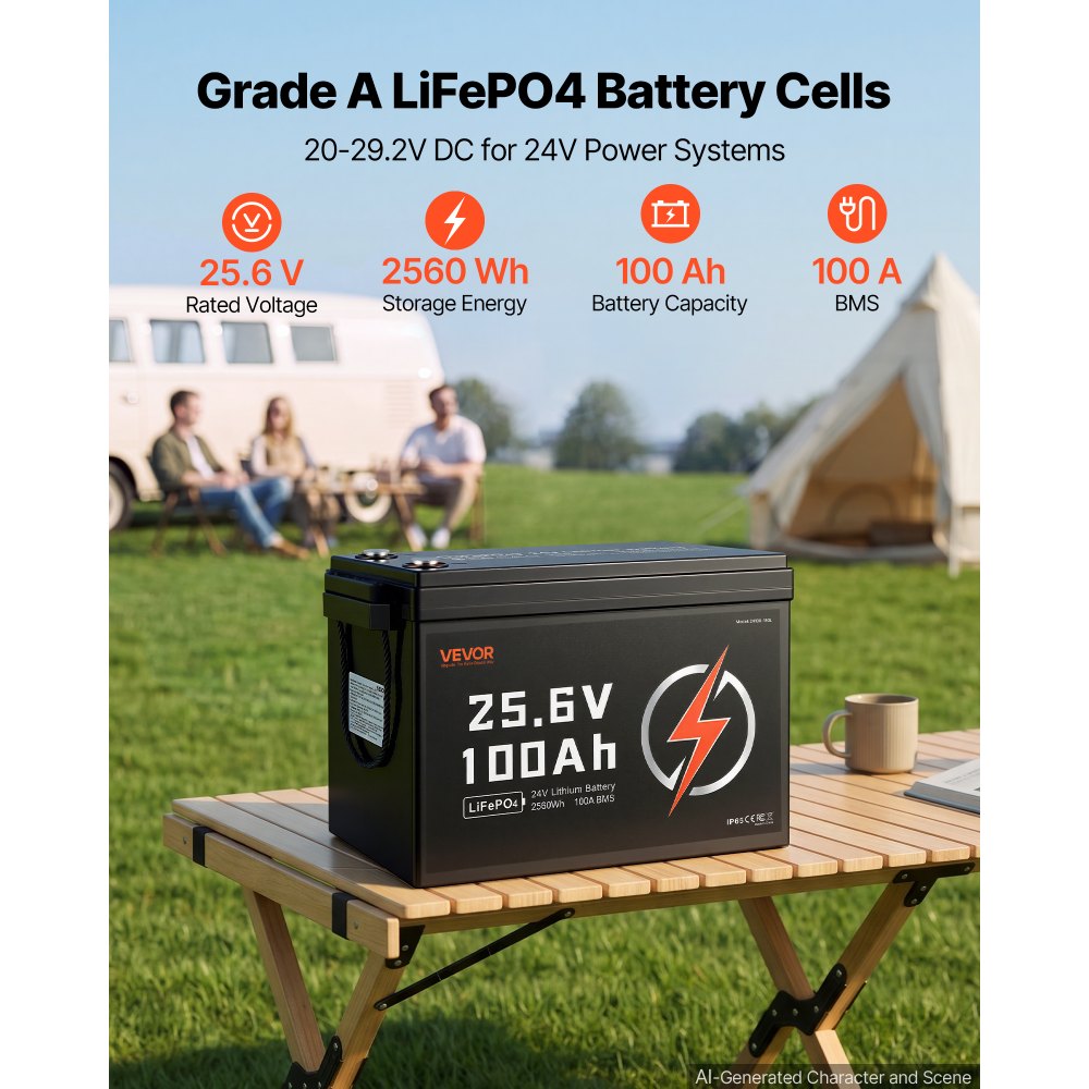 VEVOR 24V 100Ah LiFePO4 Lithium Battery 4000+ Cycles Built-in 100A BMS, Lithium Battery with Low Temperature Protection, Supports 8P2S Connection, 2560Wh Energy, for RV, Trolling Motor, Marine, Solar