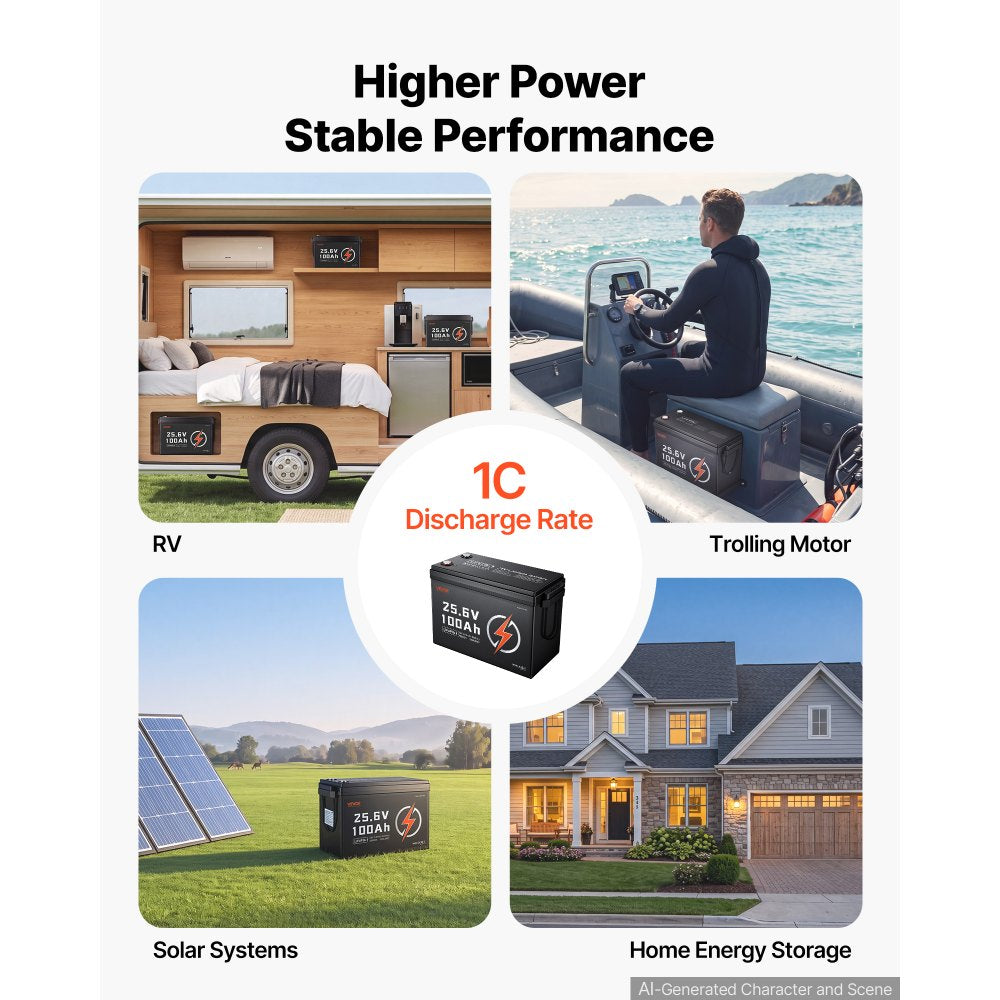 VEVOR 24V 100Ah LiFePO4 Lithium Battery 4000+ Cycles Built-in 100A BMS, Lithium Battery with Low Temperature Protection, Supports 8P2S Connection, 2560Wh Energy, for RV, Trolling Motor, Marine, Solar