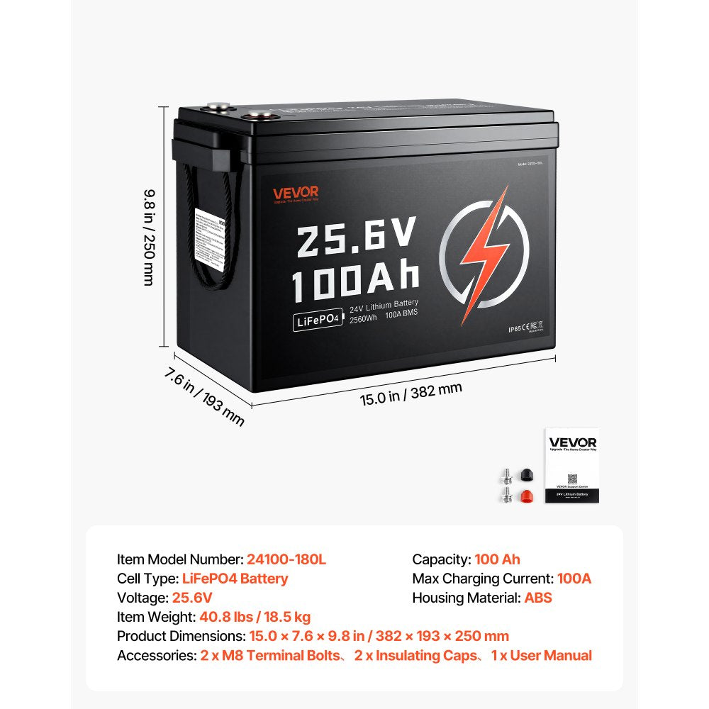 VEVOR 24V 100Ah LiFePO4 Lithium Battery 4000+ Cycles Built-in 100A BMS, Lithium Battery with Low Temperature Protection, Supports 8P2S Connection, 2560Wh Energy, for RV, Trolling Motor, Marine, Solar