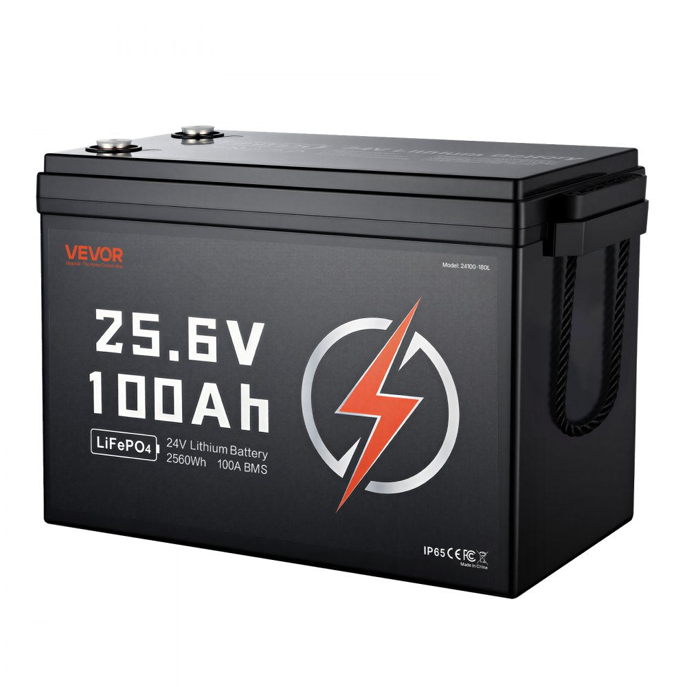 VEVOR 24V 100Ah LiFePO4 Lithium Battery 4000+ Cycles Built-in 100A BMS, Lithium Battery with Low Temperature Protection, Supports 8P2S Connection, 2560Wh Energy, for RV, Trolling Motor, Marine, Solar