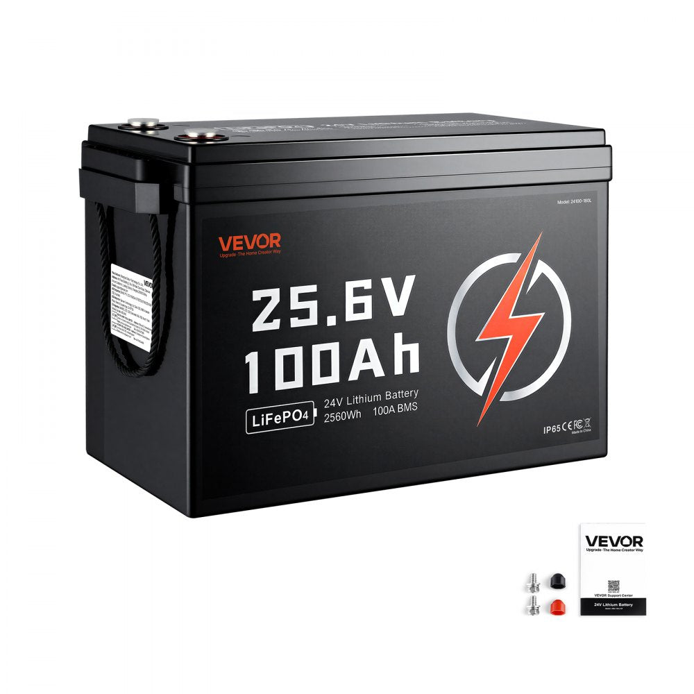 VEVOR 24V 100Ah LiFePO4 Lithium Battery 4000+ Cycles Built-in 100A BMS, Lithium Battery with Low Temperature Protection, Supports 8P2S Connection, 2560Wh Energy, for RV, Trolling Motor, Marine, Solar