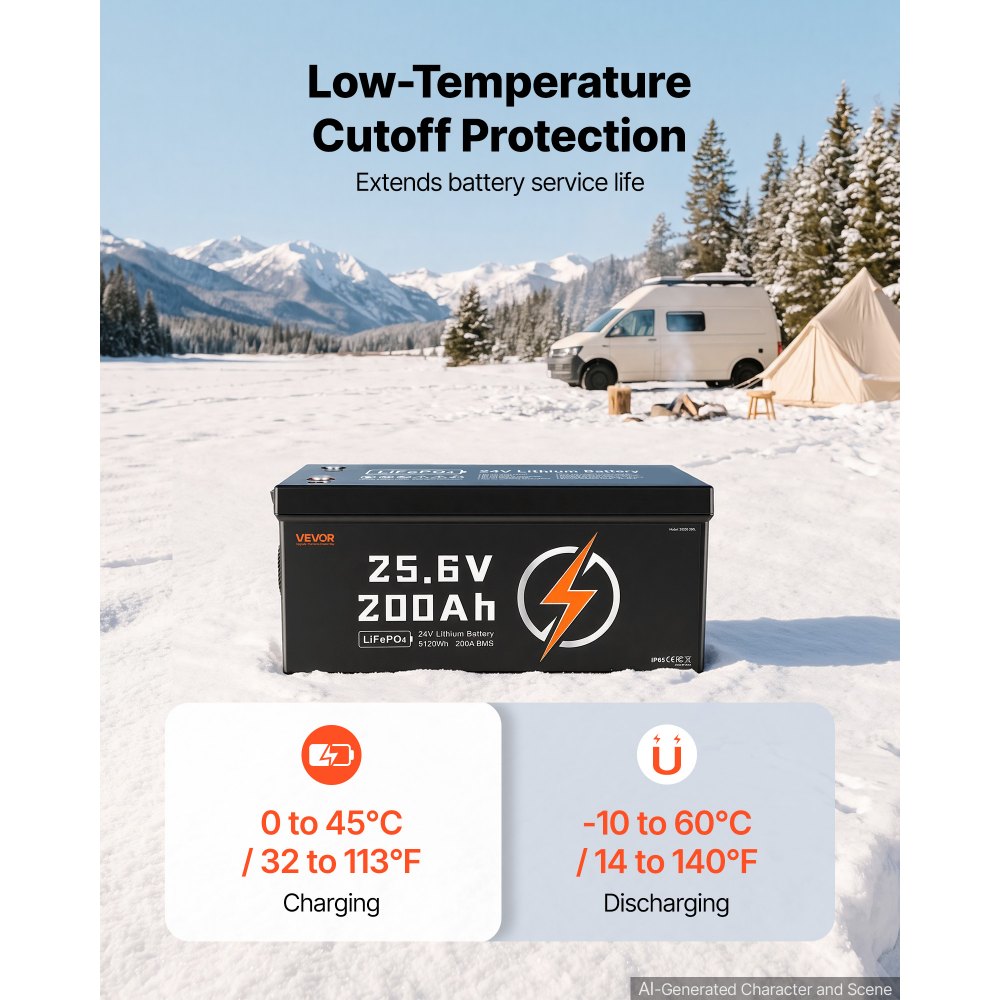 VEVOR 24V 200Ah LiFePO4 Lithium Battery 4000+ Cycles Built-in 200A BMS, Lithium Battery with Low Temperature Protection, Supports 8P2S Connection, 5120Wh Energy, for RV, Trolling Motor, Marine, Solar