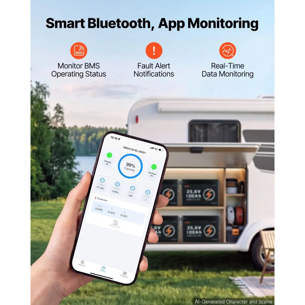 VEVOR 24V 100Ah LiFePO4 Lithium Battery 4000+ Cycles 100A BMS with Bluetooth, 2560Wh Lithium Battery with Low Temperature Protection, Supports 8P2S Connection, for RV, Trolling Motor, Marine, Solar