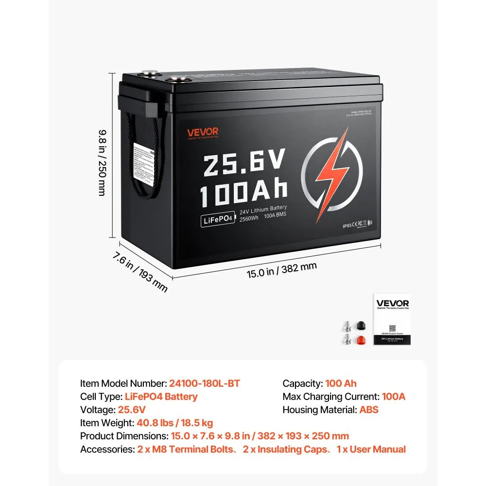 VEVOR 24V 100Ah LiFePO4 Lithium Battery 4000+ Cycles 100A BMS with Bluetooth, 2560Wh Lithium Battery with Low Temperature Protection, Supports 8P2S Connection, for RV, Trolling Motor, Marine, Solar