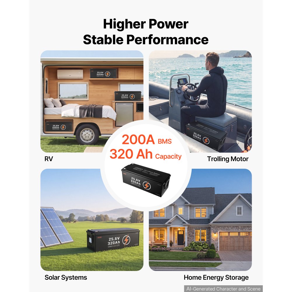 VEVOR 24V 320Ah LiFePO4 Lithium Battery 4000+ Cycles 200A BMS with Bluetooth, 8192Wh Lithium Battery with Low Temperature Protection, Supports 8P2S Connection, for RV, Trolling Motor, Marine, Solar