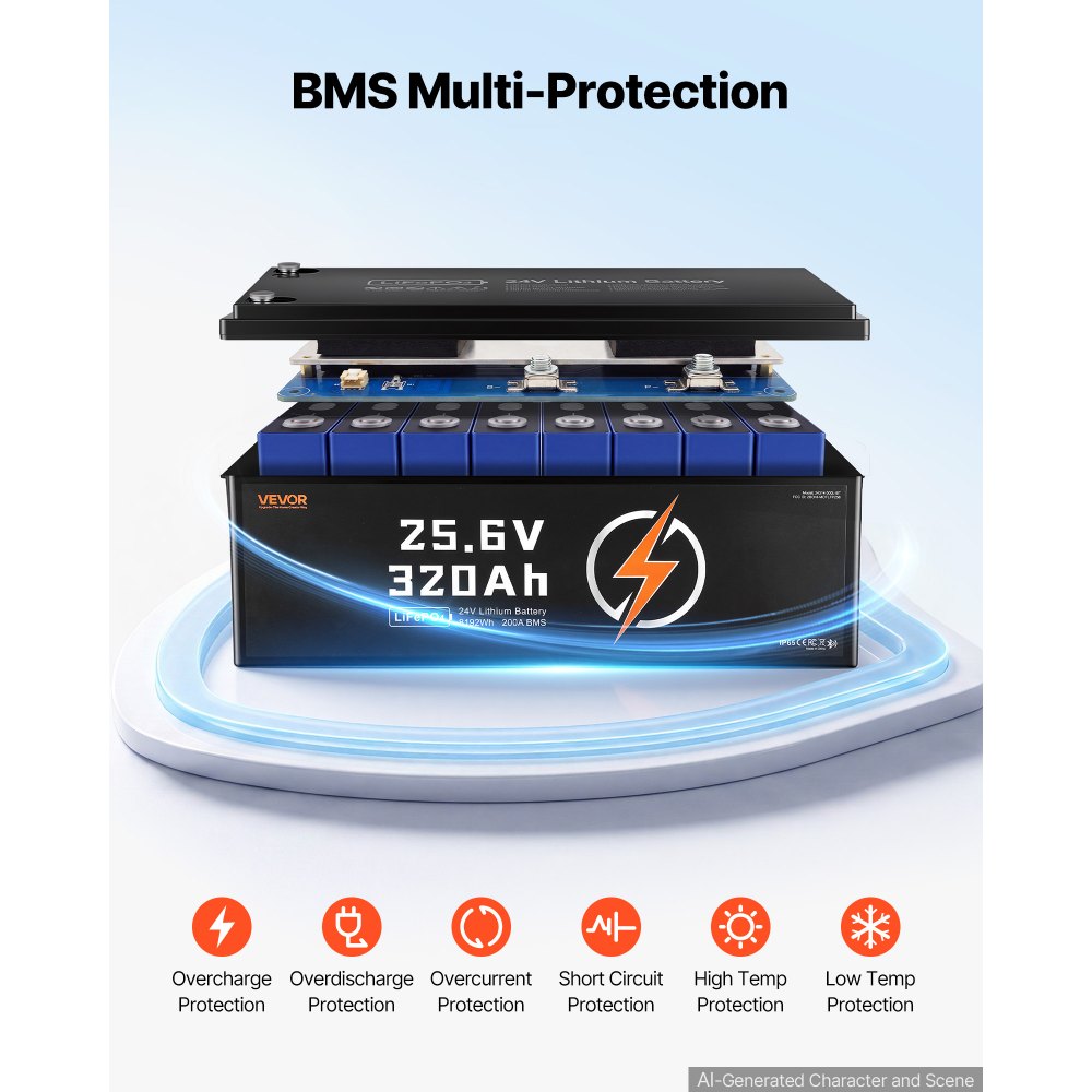 VEVOR 24V 320Ah LiFePO4 Lithium Battery 4000+ Cycles 200A BMS with Bluetooth, 8192Wh Lithium Battery with Low Temperature Protection, Supports 8P2S Connection, for RV, Trolling Motor, Marine, Solar