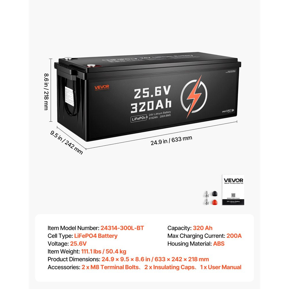 VEVOR 24V 320Ah LiFePO4 Lithium Battery 4000+ Cycles 200A BMS with Bluetooth, 8192Wh Lithium Battery with Low Temperature Protection, Supports 8P2S Connection, for RV, Trolling Motor, Marine, Solar