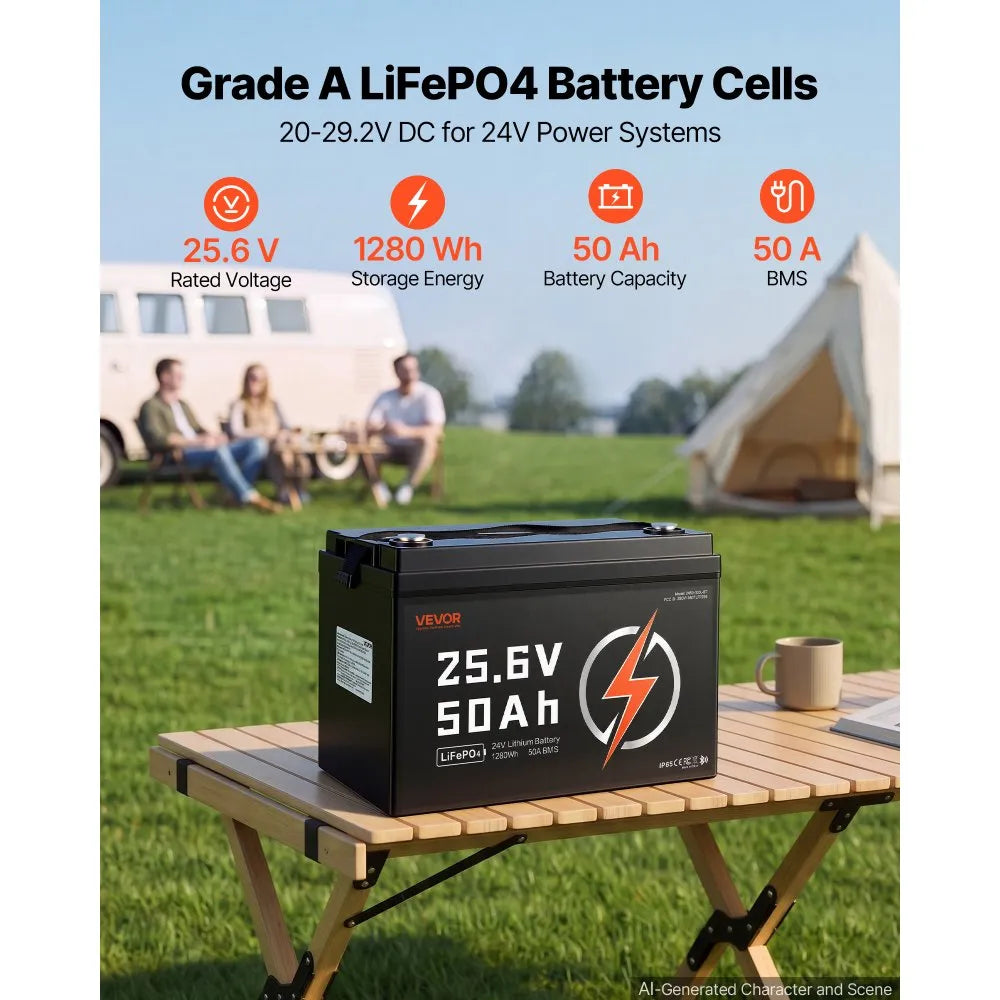 VEVOR 24V 50Ah LiFePO4 Lithium Battery 4000+ Cycles 50A BMS with Bluetooth, 1280Wh Lithium Battery with Low Temperature Protection, Supports 8P2S Connection, for RV, Trolling Motor, Marine, Solar