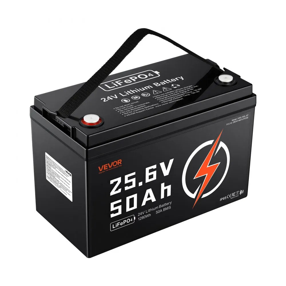 VEVOR 24V 50Ah LiFePO4 Lithium Battery 4000+ Cycles 50A BMS with Bluetooth, 1280Wh Lithium Battery with Low Temperature Protection, Supports 8P2S Connection, for RV, Trolling Motor, Marine, Solar