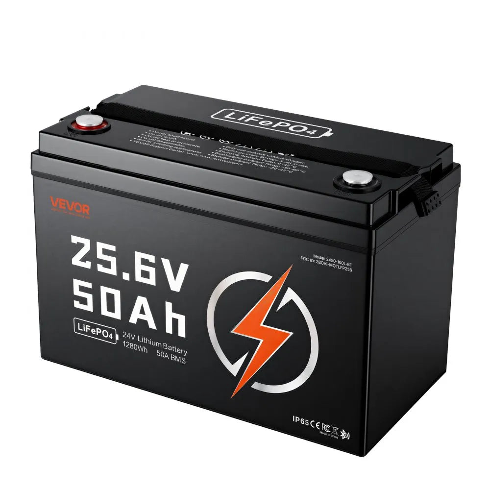 VEVOR 24V 50Ah LiFePO4 Lithium Battery 4000+ Cycles 50A BMS with Bluetooth, 1280Wh Lithium Battery with Low Temperature Protection, Supports 8P2S Connection, for RV, Trolling Motor, Marine, Solar
