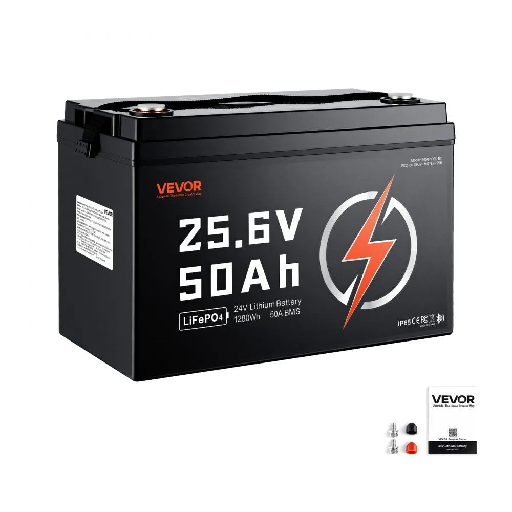 VEVOR 24V 50Ah LiFePO4 Lithium Battery 4000+ Cycles 50A BMS with Bluetooth, 1280Wh Lithium Battery with Low Temperature Protection, Supports 8P2S Connection, for RV, Trolling Motor, Marine, Solar