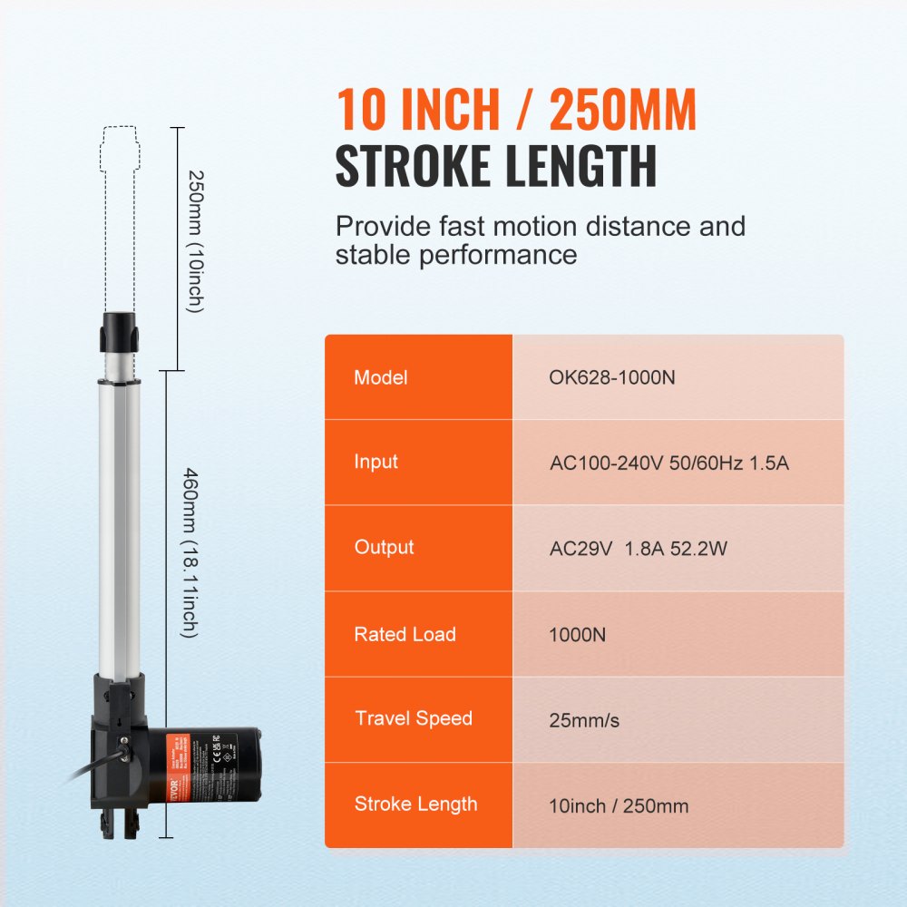 VEVOR Linear Actuator Kit, 10 Inch High Speed 0.98"/s Linear Motion Actuator 24V, 220lbs/1000N Linear Actuator for TV/Table/Sofa Lifting, IP44 Protection - Adapter Power Supply Included
