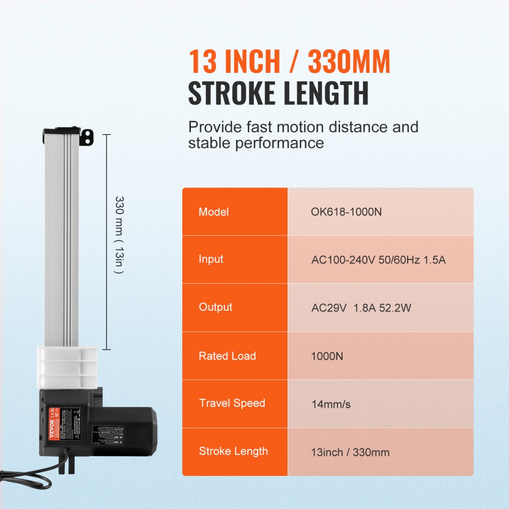 VEVOR Linear Actuator Kit, 13 Inch High Speed 0.55"/s Linear Motion Actuator 24V, 220lbs/1000N Linear Actuator for TV/Table/Sofa Lifting, IP44 Protection - Adapter Power Supply Included