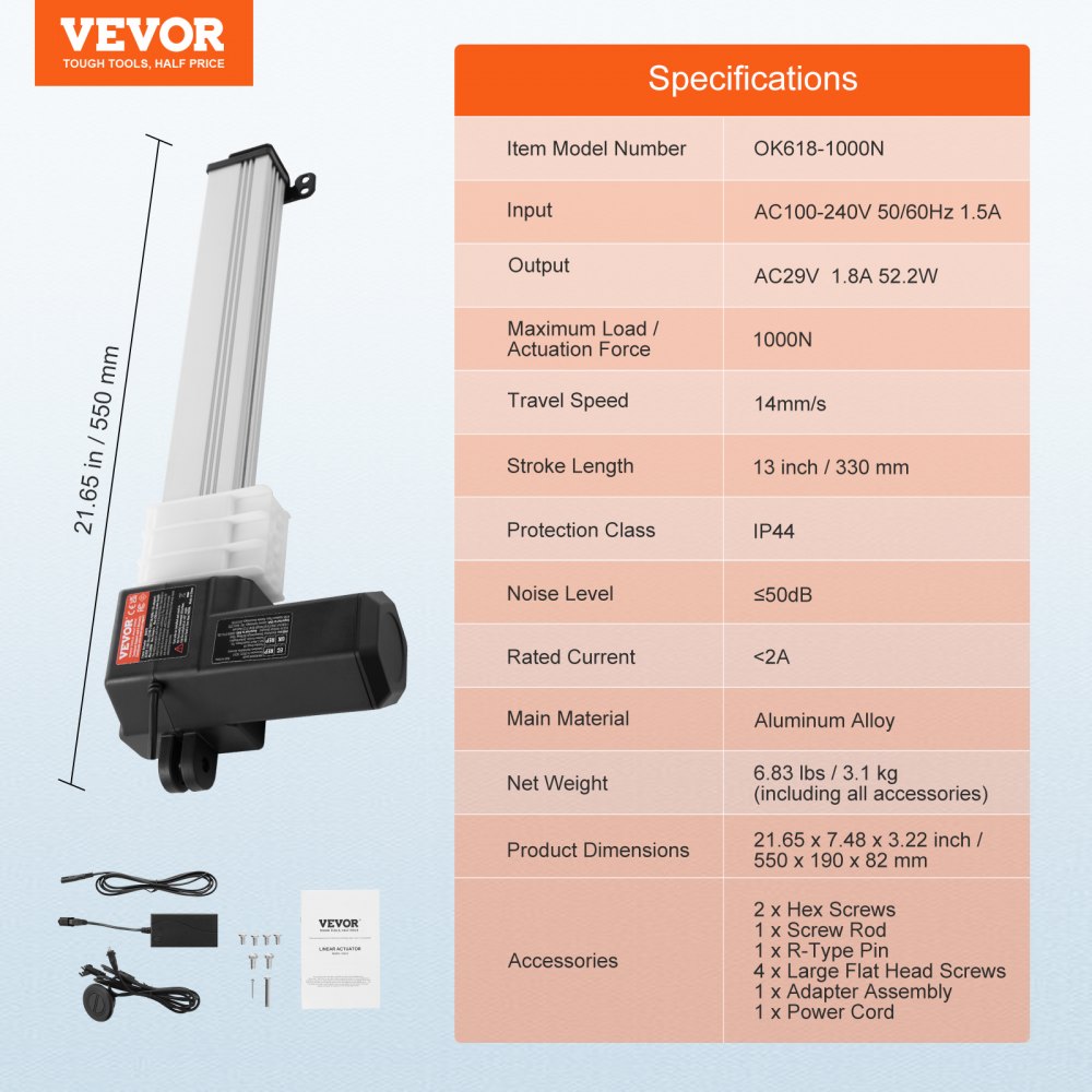 VEVOR Linear Actuator Kit, 13 Inch High Speed 0.55"/s Linear Motion Actuator 24V, 220lbs/1000N Linear Actuator for TV/Table/Sofa Lifting, IP44 Protection - Adapter Power Supply Included