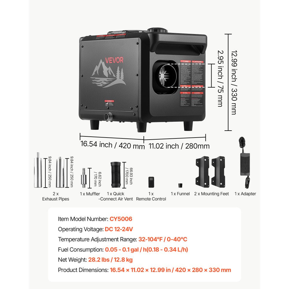 VEVOR Diesel Heater DC 12-24V 1.98 Gal / 7.5 L Fuel Tank Aluminum Element, For Outdoor Camping, Fast Heating at Max 18045 ft, with Bluetooth App Control, Remote Control, and LCD Panel, CO Alarm
