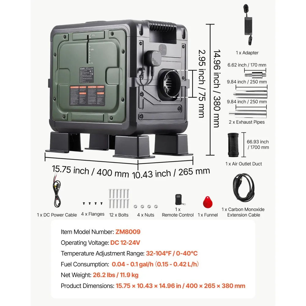 VEVOR Diesel Heater DC 12-24V 1.32 Gal / 5 L Fuel Tank for Max 18045 ft, For Outdoor Camping, Aluminum Element Fast Heating, with Bluetooth App Control, Remote Control, and LCD Panel, CO Alarm