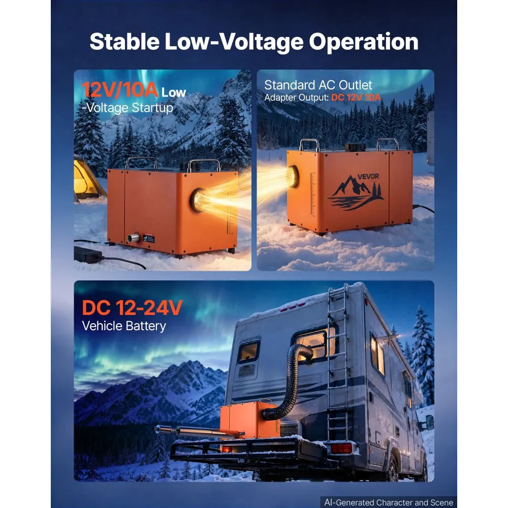 VEVOR Diesel Heater DC 12-24V 2.38 Gal / 9 L Fuel Tank Diesel Air Heater, For Outdoor Camping, Aluminum Element Fast Heating, with Bluetooth App Control, Remote Control, and LCD Panel, CO Alarm