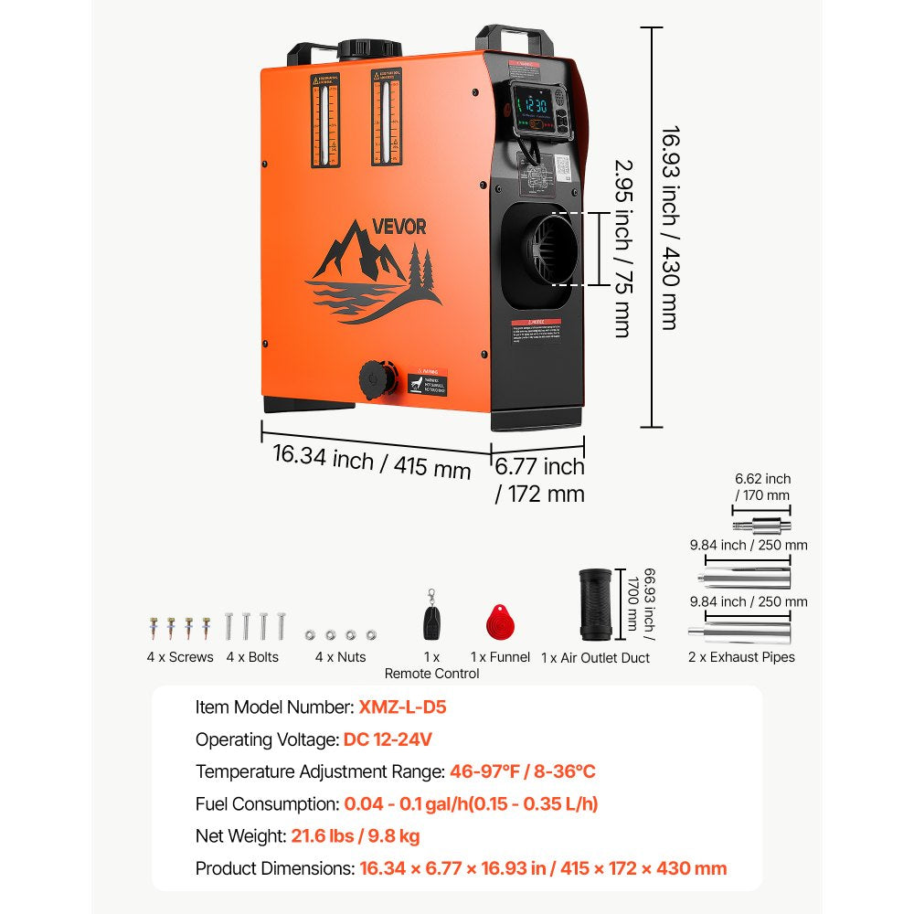 VEVOR Diesel Heater DC 12-24V 1.32 Gal / 5 L Fuel Tank Diesel Air Heater, For Outdoor Camping, Aluminum Element Fast Heating, with Bluetooth App Control, Remote Control and LCD Panel, Max 18045 ft