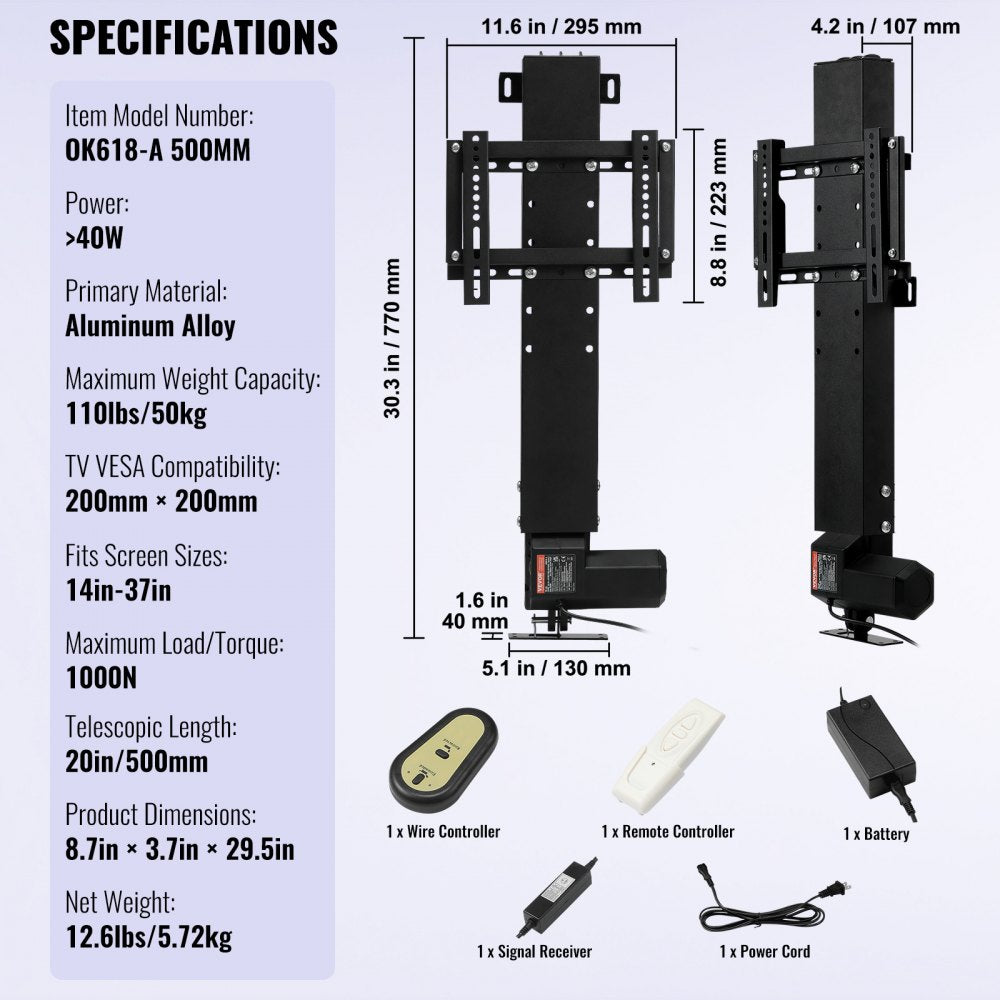 VEVOR Automated TV Elevator, 20" Stroke for 28-32" TVs. Remote-Controlled, Adjustable Height 30-50", Supports up to 132 lbs