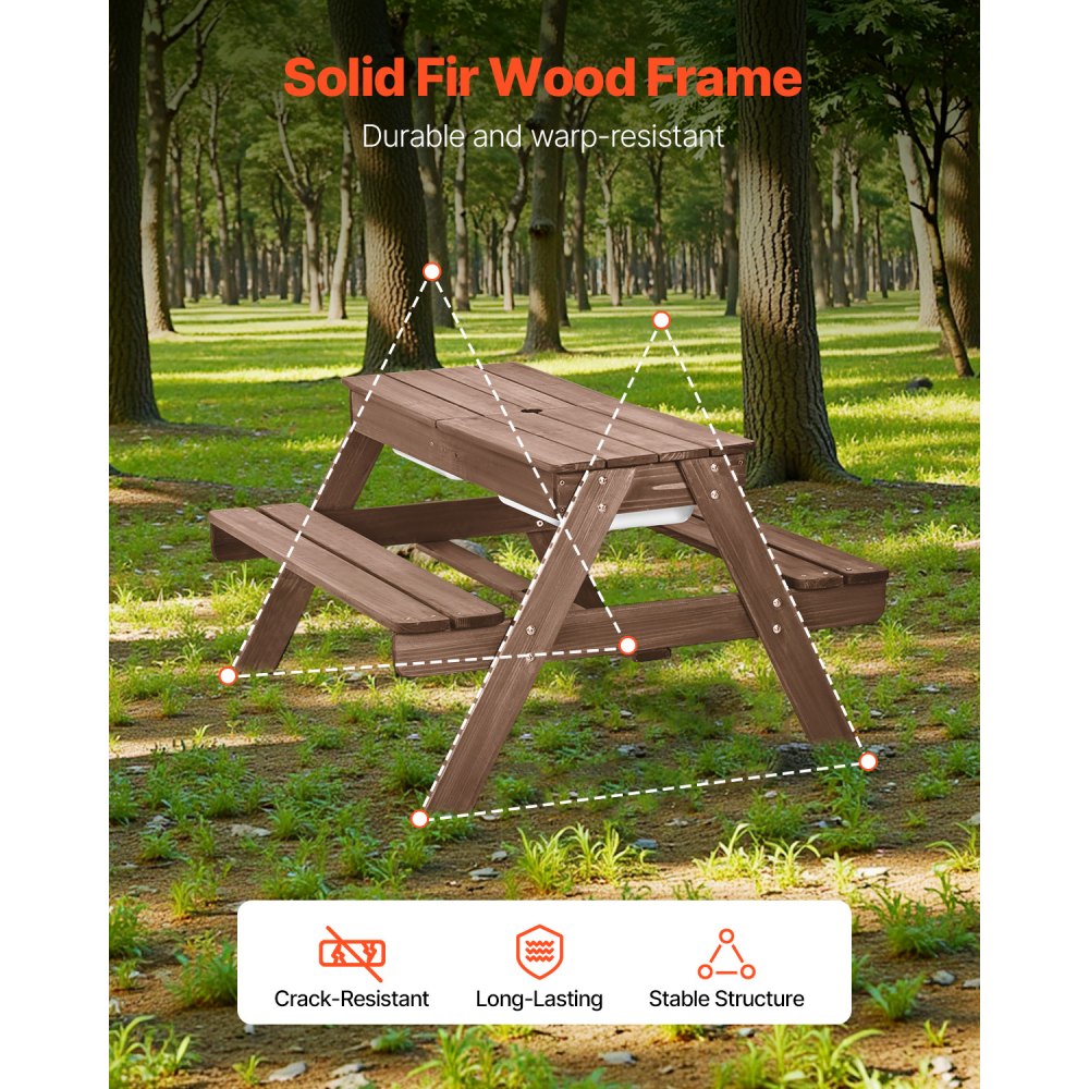 VEVOR Kids Picnic Table with Umbrella, 3-in-1 Sand & Water Table, Outdoor Wooden Table and Bench Set with 2 Trays, 4-People Patio Dining Furniture for Garden, Backyard and Porch (Walnut)