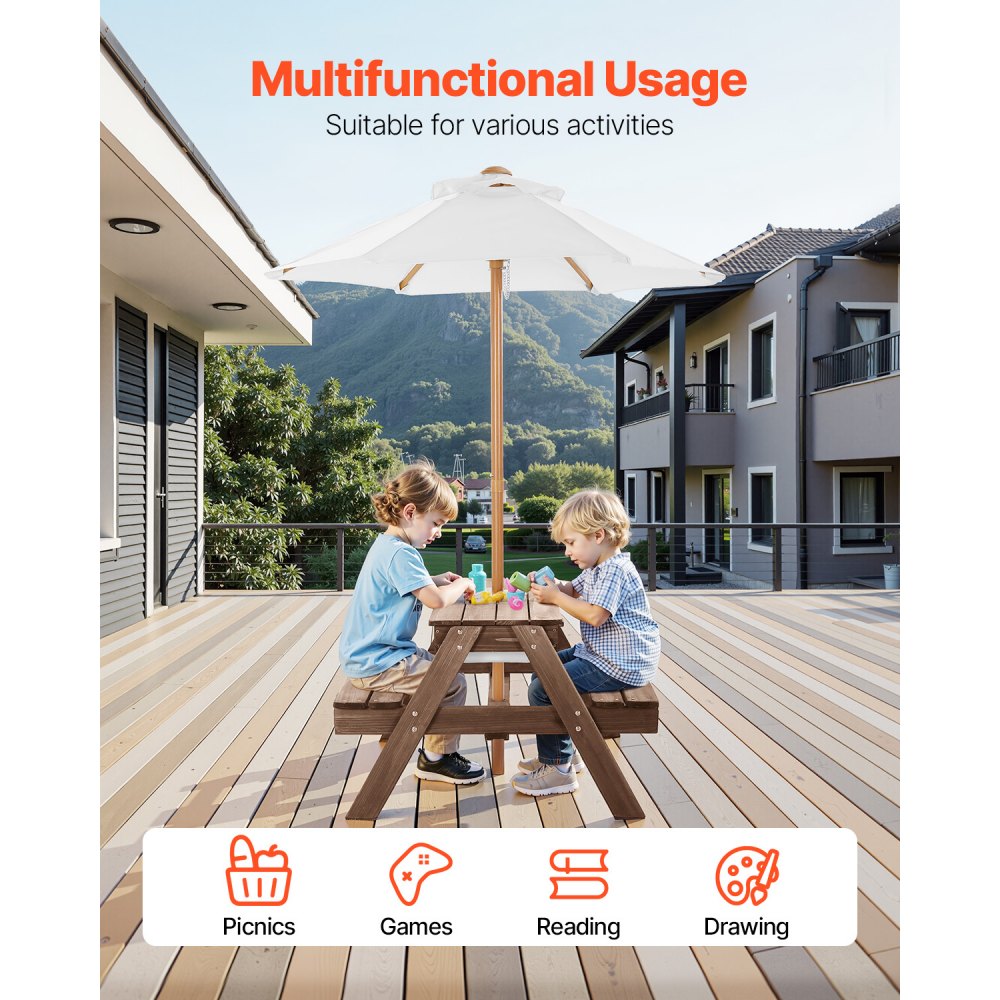 VEVOR Kids Picnic Table with Umbrella, 3-in-1 Sand & Water Table, Outdoor Wooden Table and Bench Set with 2 Trays, 4-People Patio Dining Furniture for Garden, Backyard and Porch (Walnut)