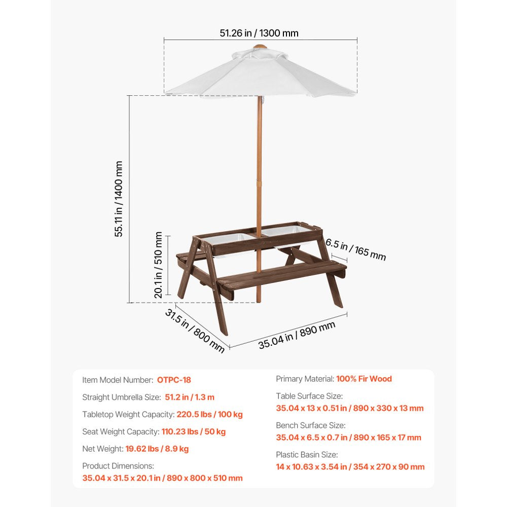 VEVOR Kids Picnic Table with Umbrella, 3-in-1 Sand & Water Table, Outdoor Wooden Table and Bench Set with 2 Trays, 4-People Patio Dining Furniture for Garden, Backyard and Porch (Walnut)