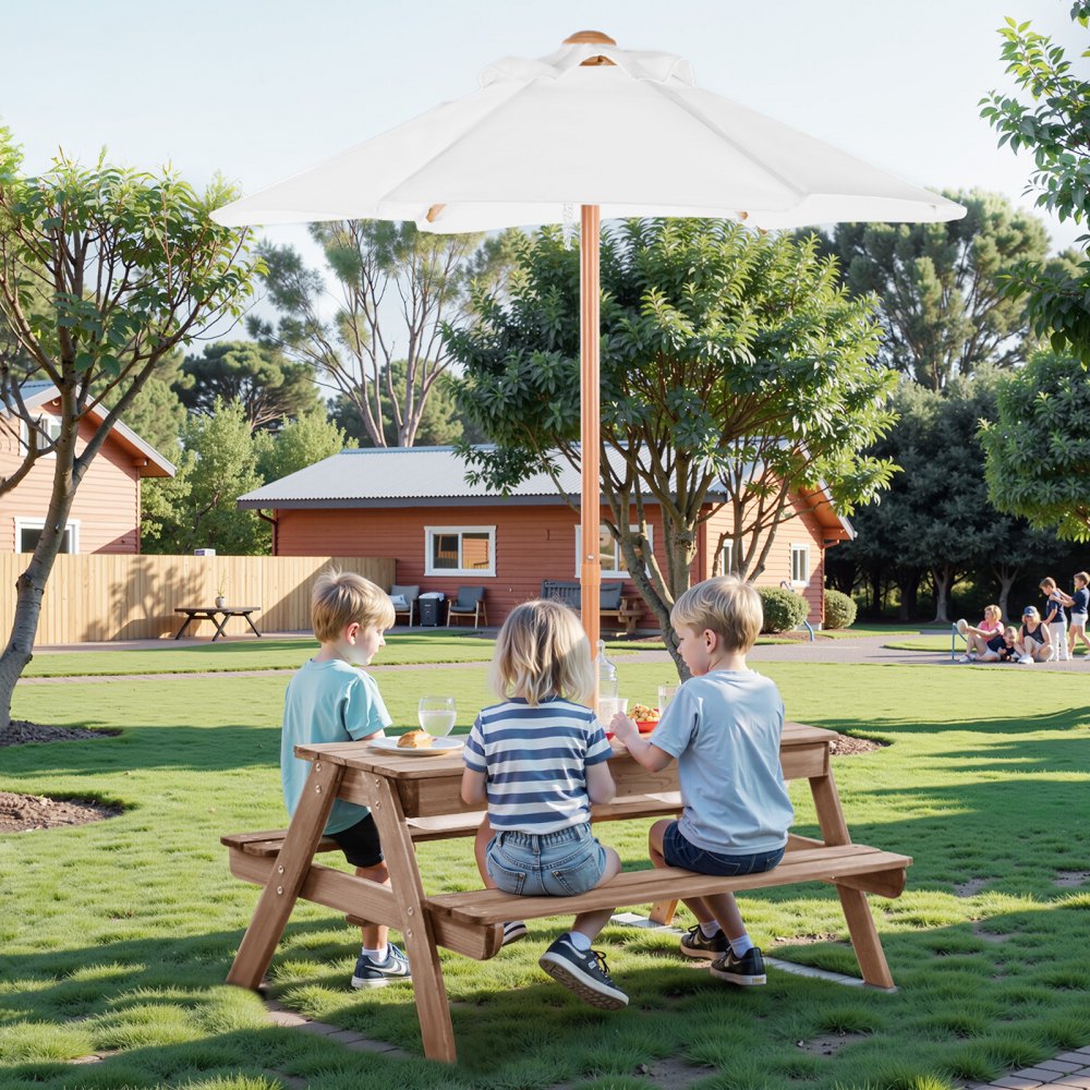 VEVOR Kids Picnic Table with Umbrella, 3-in-1 Sand & Water Table, Outdoor Wooden Table and Bench Set with 2 Trays, 4-People Patio Dining Furniture for Garden, Backyard and Porch (Walnut)