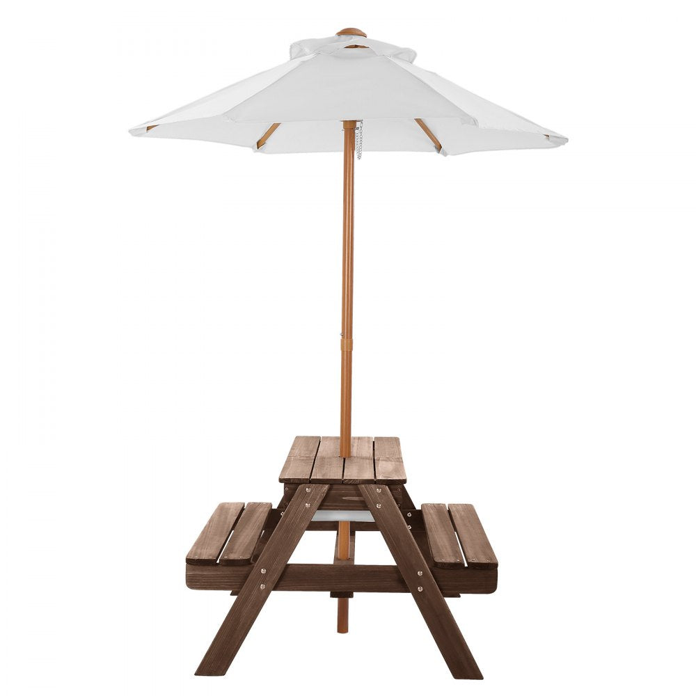 VEVOR Kids Picnic Table with Umbrella, 3-in-1 Sand & Water Table, Outdoor Wooden Table and Bench Set with 2 Trays, 4-People Patio Dining Furniture for Garden, Backyard and Porch (Walnut)