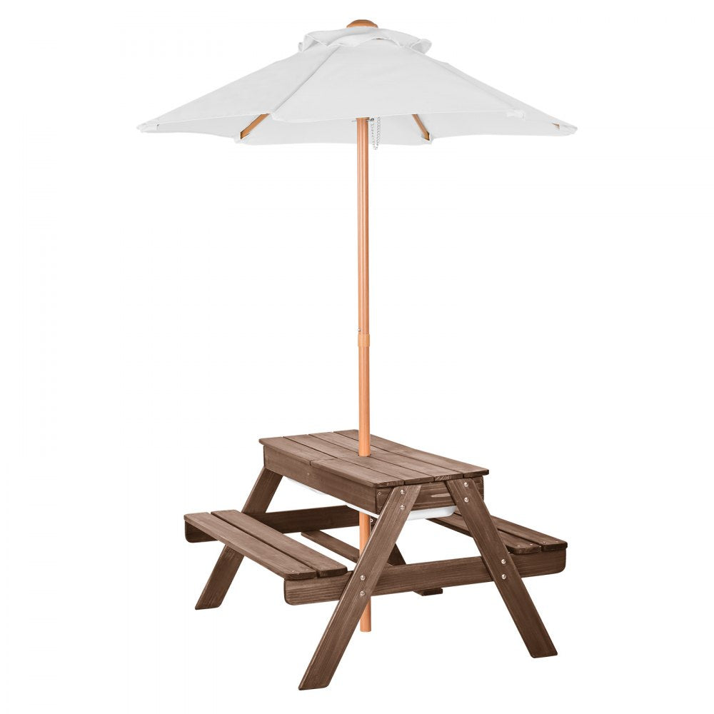 VEVOR Kids Picnic Table with Umbrella, 3-in-1 Sand & Water Table, Outdoor Wooden Table and Bench Set with 2 Trays, 4-People Patio Dining Furniture for Garden, Backyard and Porch (Walnut)