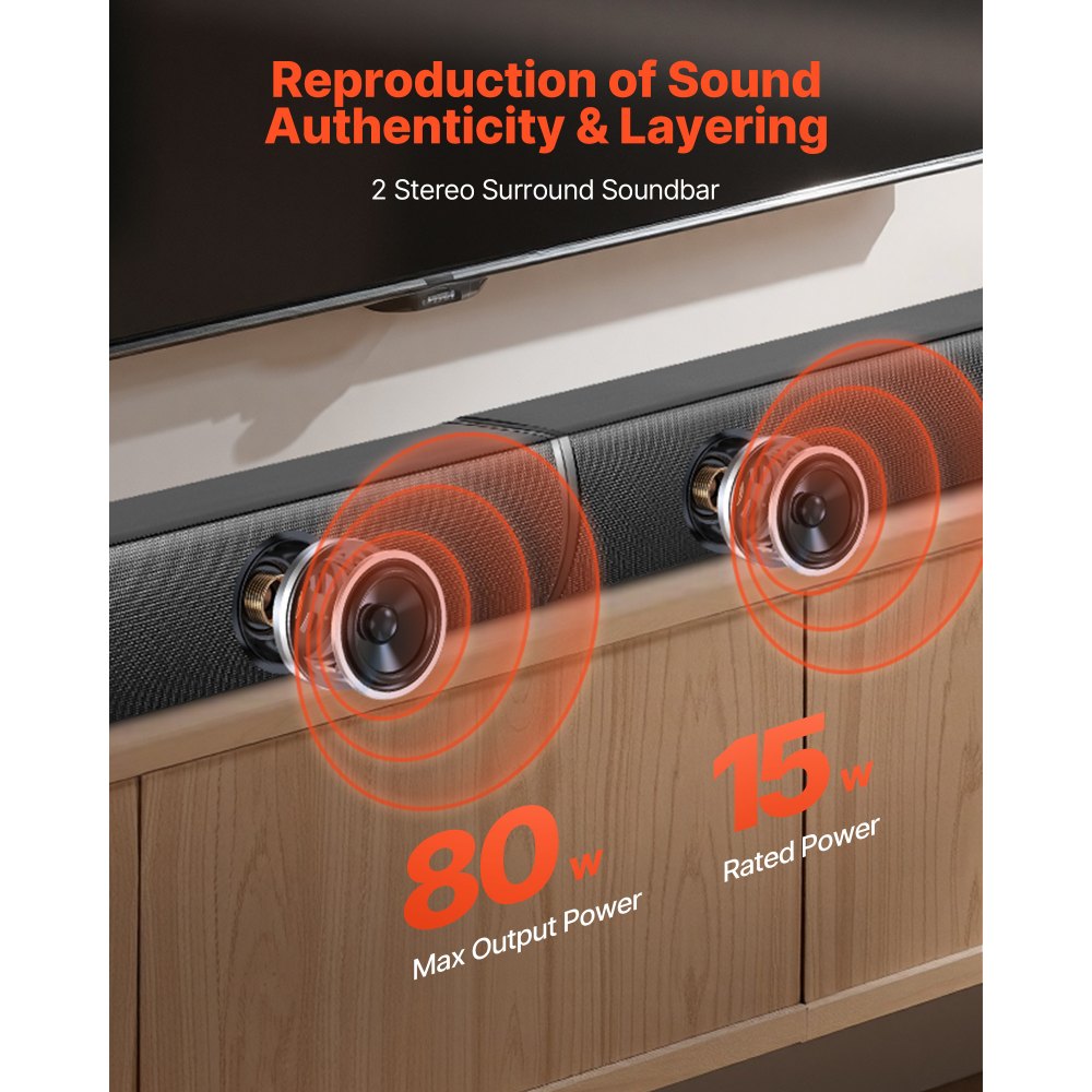 VEVOR Sound Bar for Smart TV, 2.0 Channel, 32-Inch 2 in 1 Detachable Soundbar TV Speakers, with Bluetooth HDMI AUX USB Connection, Remote Control, 80W Surround Sound System, for Home Theater Audio