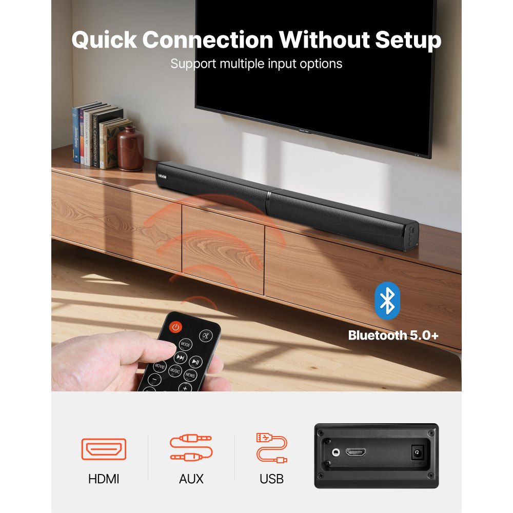 VEVOR Sound Bar for Smart TV, 2.0 Channel, 32-Inch 2 in 1 Detachable Soundbar TV Speakers, with Bluetooth HDMI AUX USB Connection, Remote Control, 80W Surround Sound System, for Home Theater Audio