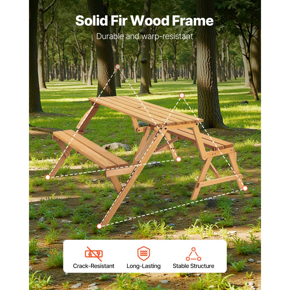 VEVOR 2-in-1 Transforming Interchangeable Picnic Table, Outdoor Wooden Table and Bench Set, Portable Foldable Bench with Umbrella Hole, Patio Dining Furniture for Garden, Backyard, Porch (Brown)