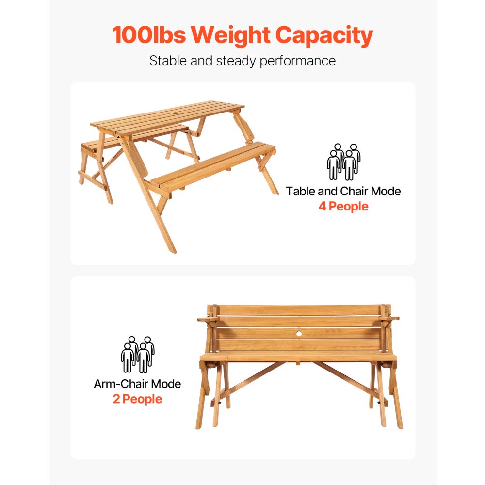 VEVOR 2-in-1 Transforming Interchangeable Picnic Table, Outdoor Wooden Table and Bench Set, Portable Foldable Bench with Umbrella Hole, Patio Dining Furniture for Garden, Backyard, Porch (Brown)