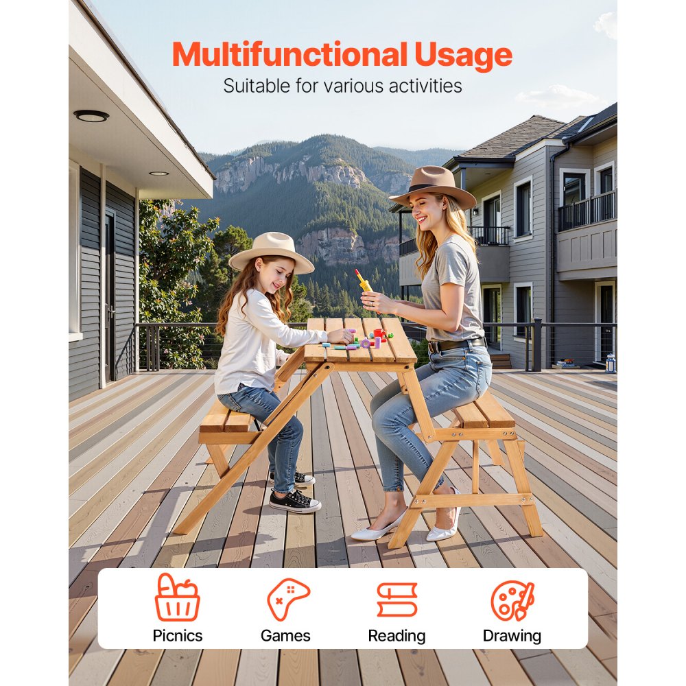 VEVOR 2-in-1 Transforming Interchangeable Picnic Table, Outdoor Wooden Table and Bench Set, Portable Foldable Bench with Umbrella Hole, Patio Dining Furniture for Garden, Backyard, Porch (Brown)