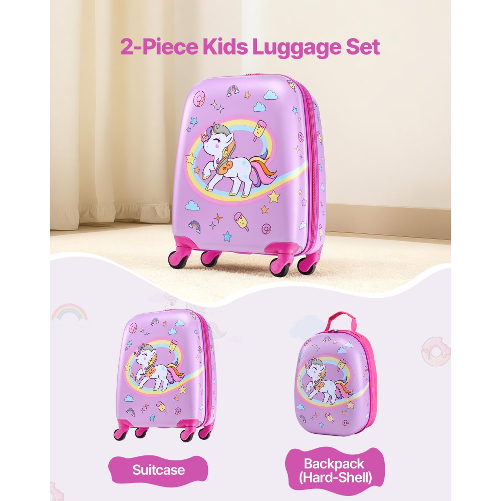 VEVOR Kids Luggage Set, 2 Piece, 18 Inch Hardside Rolling Wheels Suitcase with Hard-Shell Backpack, Unicorn Kids Carry on Luggage Set, Holiday Birthday Gift for Girls & Boys, Airline Approved