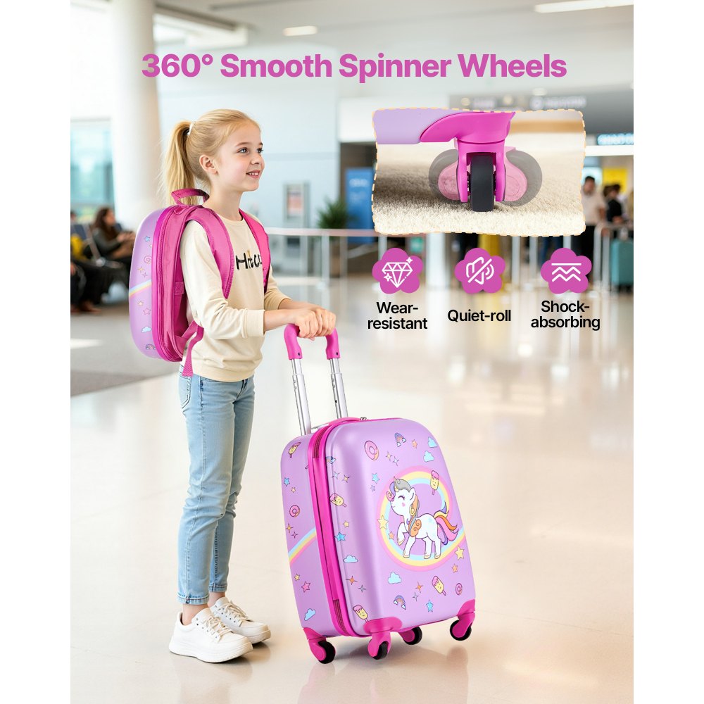 VEVOR Kids Luggage Set, 2 Piece, 18 Inch Hardside Rolling Wheels Suitcase with Hard-Shell Backpack, Unicorn Kids Carry on Luggage Set, Holiday Birthday Gift for Girls & Boys, Airline Approved